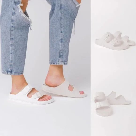 NEW Adjustable Double Buckled Straps Comfy Slip On Slides Slippers Sandals White - Picture 10 of 12